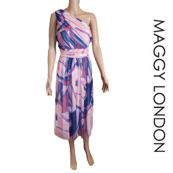 Maggy London Abstract Pastel One Shoulder Midi Dress Size 10, Zipper sticks - Picture 1 of 11